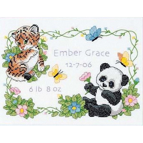 Dimensions Stamped Cross Stitch Kit Baby Animals Birth Record Personalized Baby Gift, 12" x 9", White