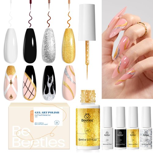 beetles Nail Art Liner Gel Polish Set, 4 Pcs Neutral Classic Glitter Reflective Colors Swirl Manicure Design Shiny Gold Silver Black White Decoration Holiday Party Gifts for Women Girls
