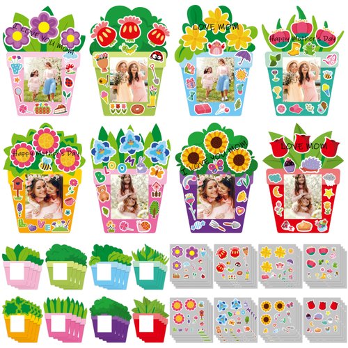 WATINC 96Pcs DIY Mother's Day Craft Kits for Kids, Make Your Own Spring Picture Frames with Stickers Flowers Paper, Spring Seasonal Gifts Craft Decor, Classroom Activities Supplies for Boys and Girls