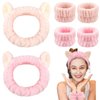 Atoden Cat Ears Spa Headband Wristband Set Animal Skincare Headband Funny Makeup Headband for Washing Face Fluffy Elastic Face Wash Hair Band for Women Girls Cute Trendy Stuff (Pink)