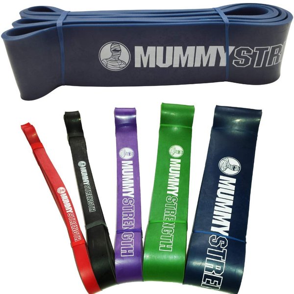 MummyStrength Resistance Bands for Men and Women. The Best Stretch Band for Pull Up Exercise and Powerlifting. Works with Any Pull Up Bar or Station. Single Band. Workout Guide Included - Blue