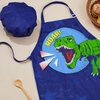 MHJY Kids Apron and Chef Hat for Boys Dinosaur Child Aprons with Pockets,Adjustable Child Apron for Cooking Baking Painting,Navy-Green,Small (3-7 Years)
