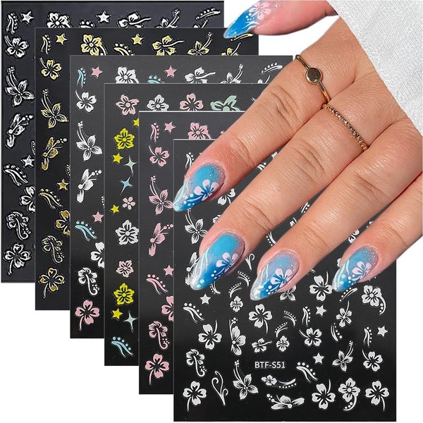 BMKKOT Hibiscus Flower Nail Stickers for Nail Art White Pink Elegant Floral Nail Decals 3D Self Adhesive Nail Art Design Spring Summer Flower Petal Nail Supplies Pegatinas Para Uñas Stickers for Women