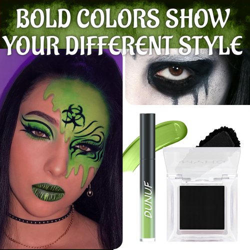 HOSAILY Green Matte Liquid Lipstick Set with Black Eyeshadow Powder, Halloween Goth Lip Gloss Waterproof Longlasting DIY Cute Unique Makeup Lip Stain for Rave Festival Accessories Cosplay Party