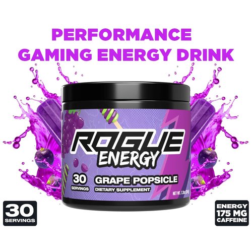 Rogue Energy Drink Powder for Long Gaming Hours - Gaming Energy Powder for Mental Focus - Sugar & Gluten Free - Gaming Supplement with Caffeine & Vitamins - Made in USA (Grape Popsicle - 30 Servings)