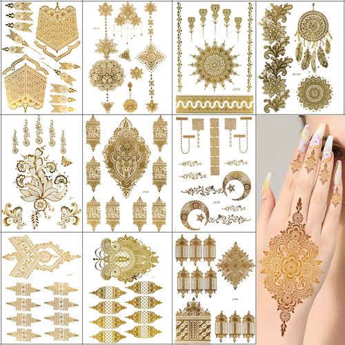 Xmasir 10 Sheets Gold Henna Tattoo Sticker Temporary Tattoos Metallic Waterproof Glitter Tattoo Stickers for Women Girl Indian Arabian Body Art Paint (Gold)