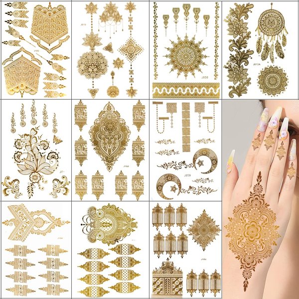 Xmasir 10 Sheets Gold Henna Tattoo Sticker Temporary Tattoos Metallic Waterproof Glitter Tattoo Stickers for Women Girl Indian Arabian Body Art Paint (Gold)