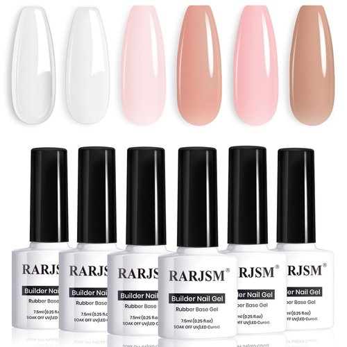 RARJSM Nude Rubber Base Gel Nail Polish Set Clear Sheer Milky White Opaque Pink Builder Base Gel in a Bottle Hard Extension Gel Skin Tone 6 Netural Colors Cured for Nails at Home Salon DIY Beginner