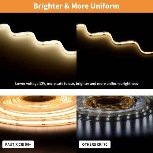 PAUTIX COB LED Strip Warm White 3000K DC12V, 18Ft/5.5M 2772LEDs CRI90+ Flexible LED Tape Lights for Cabinet Engineering Home DIY Lighting Project with 8mm COB Connector(Power Supply Not Included)