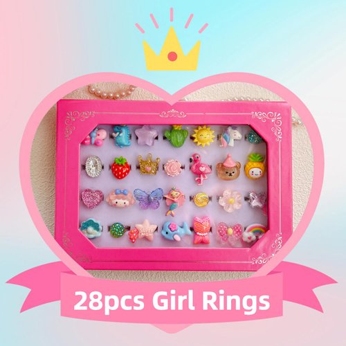 ELEMIRSA 28pcs Little Girl Jewel Rings in Box, Girl Princess Pretend Play and Dress Up Rings Set, Kids Girl Birthday Gifts, Adjustable, No Duplication