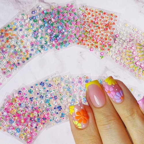 Flower Nail Stickers 90 Sheets 3D Self-Adhesive Gold Line Nail Floral Stickers Multi-Design Flower Nail Decals Multicolor Flower Manicure Stickers with Tweezer