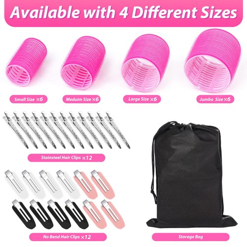 shynek Hair Rollers 48 Pcs Set, 24Pcs Hair Rollers 4 Sizes and 24 Pcs Hair Clips for Long Medium Short Hair (Pink)