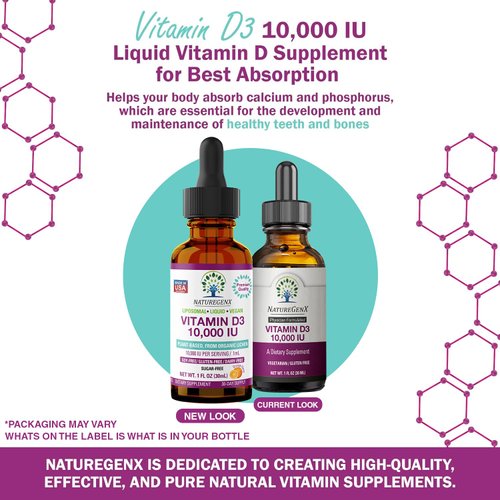 NatureGenX Liquid Vitamin D Drops: Vitamin D3 Supplement 10000 IU for Fast-Absorbing Immune Support, Non-GMO & Gluten Free D3 Liquid Drops for Adult 30ml, 30 Servings Liquid D3 Drops, Orange Flavor