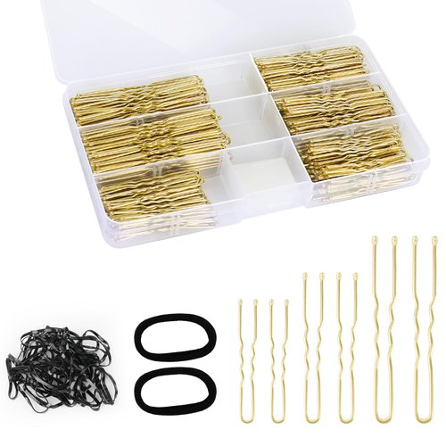 300Pcs U Shaped Hair Pins, 2.8IN 100Pcs, 2.4IN 100Pcs, 2IN 100Pcs Bobby Bun Pins for Women Kids Girls, with Storage Box 2Pcs Thick Seamless Hair Ties 50Pcs Elastic Hair Bands, for All Hair Types Gold