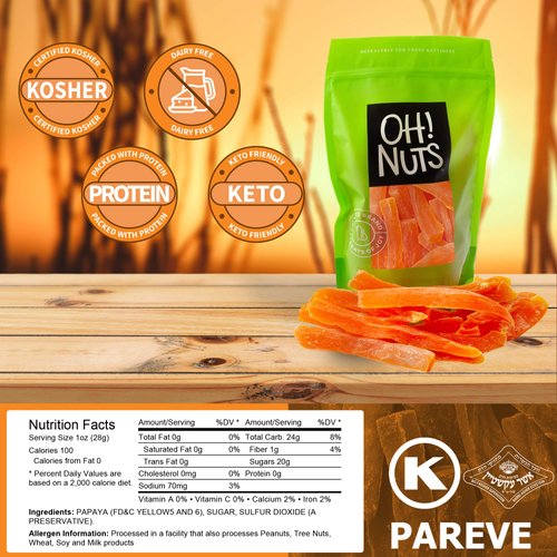 Oh! Nuts Dried Papaya Spears | 2lb Bulk Bag Dehydrated Pawpaw Tree Papaya Slices for Snacking & Baking | Light Sugar Coating, Low Sodium, Dairy Free, Low Cholesterol, Low Fat & High Fiber Fruits
