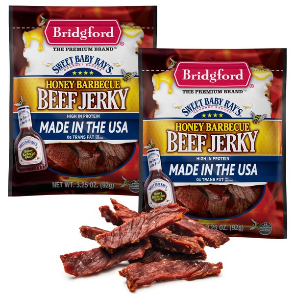 Bridgford Sweet Baby Ray’s Beef Jerky Honey BBQ 3.25 oz Pack of 2 - High Protein Jerky for Midday Energy Boost or Post Workout Snack - Naturally Smoked Ready-to-Eat Meat Snacks for On the Go Snacking