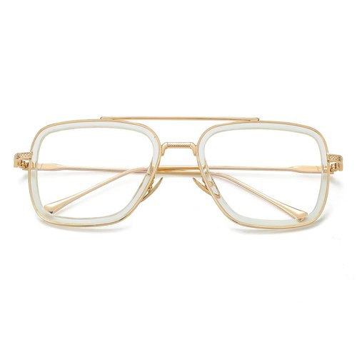 JOVAKIT Tony Stark Style Blue Light Blocking Glasses for Men Women, Iron Man and Spider-Man Retro Metal Frame Eyeglasses (Transparent Frame/Gold Temples)