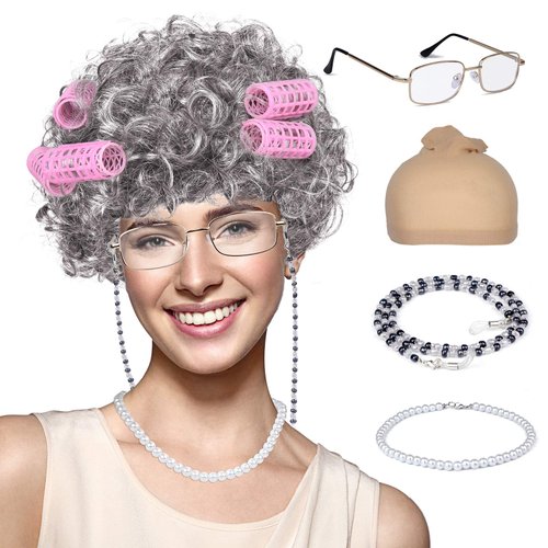 FAYBOX Old Lady Wig Costume for Women,100 Days of School Costume,Grandma Granny Costume Wig