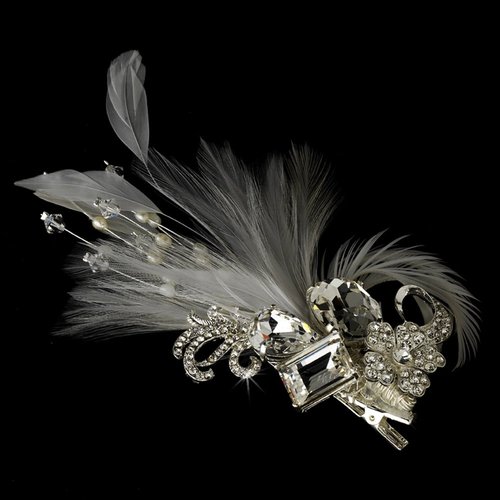Rhinestone Floral Galore Feather Accent Wedding Bridal Hair Comb Clip Brooch - Ivory