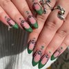 Halloween Press on Nails Medium Almond Matte Fake Nails Dark Green French Tip False Nails With Skull,Leaves Designs Full Cover Stick on Nails Acrylic Artificial Nails Glue on Nails for Women 24Pcs