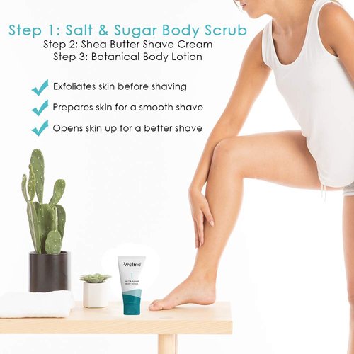 Aveline Women's Silky Smooth Shaving Starter Kit | 6-Blade Razor, 4pk Refill Blades, Salt & Sugar Body Exfoliating Scrub - 5oz, Shea Butter Shaving Cream - 5oz, and Botanical Moisturizing Body Lotion