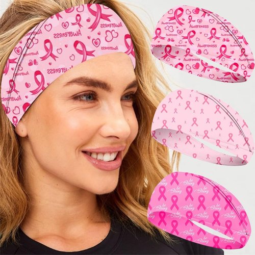 3PCS Breast Cancer Awareness Headband for Women Pink Ribbon Hair Band Headwraps Non Slip Stretchy Twisted Elastic Headbands Supplies for Workout Fundraising Sports Breast Cancer Awareness Month