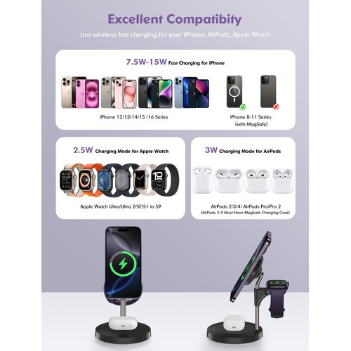 Aeinidi 3 in 1 Wireless Charging Station for Multiple Devices Apple, 15W Fast Magnetic Mag-Safe Charger Stand for iPhone 16 15 14 13 12 Pro Max Plus Mini Apple Watch AirPods Pro 4 3 2, Black