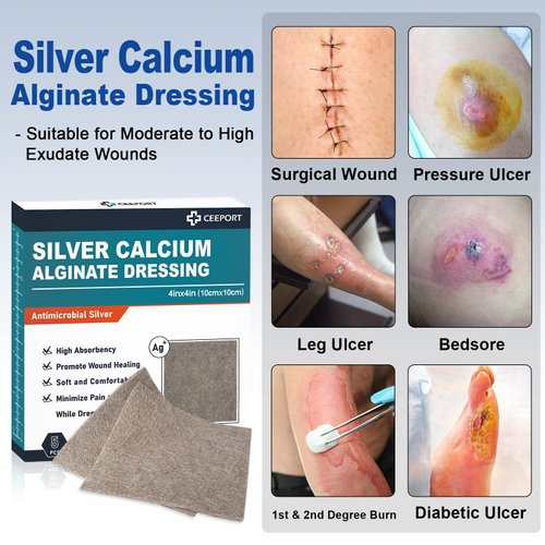 Ceeport Silver Calcium Alginate Wound Dressing, 4" x 4" Patches, Highly Absorbent Dressing Gauze, Non Stick Pads for Wounds, Soft and Comfortable Silver Dressing for Wound Care, 5 Packs