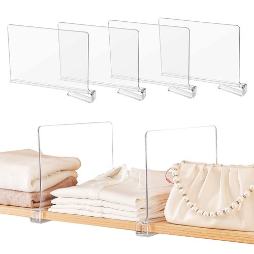 Sclvdi Acrylic Shelf Dividers,4 Pcs Closets Shelf Organizer for Clothing Handbags Books in Pantry, Bedroom and Kitchen, Adjustable Clear Closet Separator Wood Shelves Organize