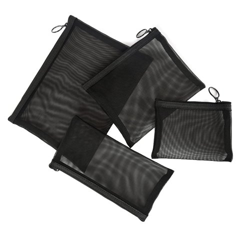 patu Zipper Mesh Bags, Pack of 4 (S/M/L & Pencil Pouch), Beauty Makeup Cosmetic Accessories Organizer, Travel Toiletry Kit Set Storage Case, Black