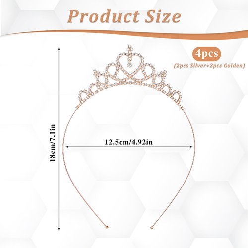 4 Pack Crown Tiara Headband for Women Glittering Rhinestone Peach Princess Crown Crystal Tiaras Heart Adjustable Cute Hair Band Birthday Headpiece Wedding Bridal Dress Up Accessories(Gold Silver)