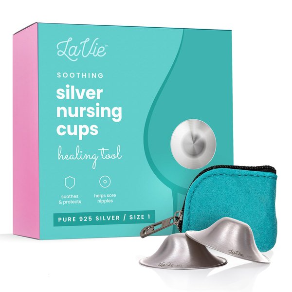 LaVie Silver Nursing Cups, Soothing Protection for Nursing Nipples of Newborns, Calming Relief for Breastfeeding Moms, 925 Silver Nipple Covers All Natural (Size 1)
