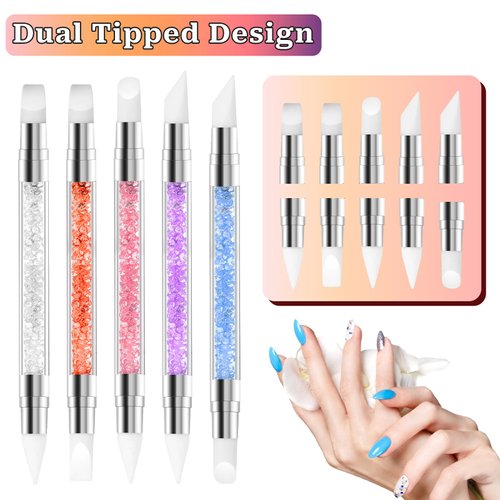 5 Pcs Nail Art Sculpture Pen Dual Tipped Silicone Nail Tools Nail Art Acrylic Pen Silicone Brushes for Resin Nail Art Tools for Design Nail Foil Carving Drawing Effect Shaping
