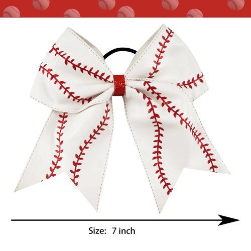 Leather Baseball Hair Bows 7 inch,Baseball Cheer Hair Bows for Girls,Elastics Hair Ties Bands Ponytail Holder Ribbon Accessories,Sports Baseball Gifts for Girls,Baseball Hair Accessories for Girls