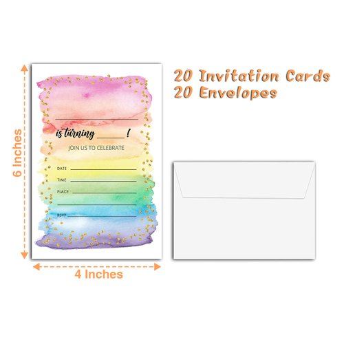 YQV Colorful Rainbow Birthday Party Invitations, 20-Count Watercolor Rainbow Glitter Birthday Party Invites With Envelopes-HBYQK-B59