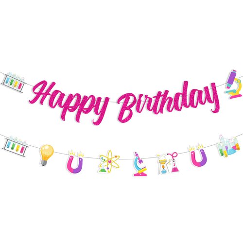 JOYMEMO Science Happy Birthday Banner with Garland - Girls Science Birthday Party Decorations, Science Themed Birthday Chemistry Party Supplies