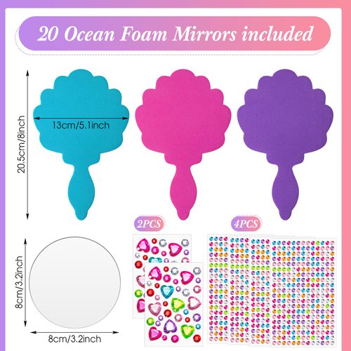 Geetery 20 Pcs Unbreakable Kids Mirror DIY Decorate Your Own Princess Mirror Mermaid Mirrors Princess Foam Mirrors Small Mirrors for Crafts Princess Party Decorations (Pink, Purple, Turquoise)