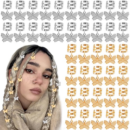 Aswewamt 40 Pcs Hair Clips, Butterfly Braid Hair Clips Jewelry Cuffs, Adjustable Metal Butterflies Decoration Rings Clips, Braid Hair Charms Styling Tools Accessories for Women, Gold+Silver