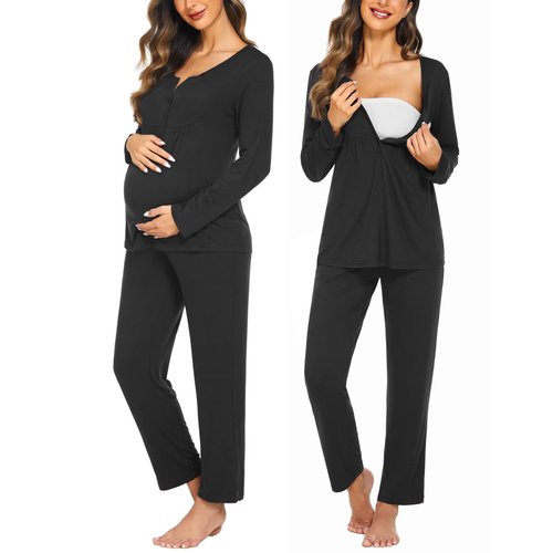 Ekouaer Women's Maternity Nursing Pajama Set Breastfeeding Sleepwear Set 2 Pieces Long Sleeve Pregnancy PJS Black