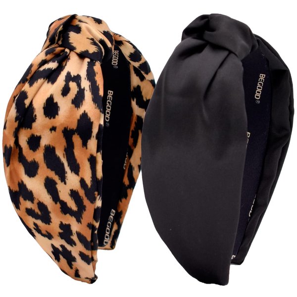 BEGOOD Headbands for Women Womens Knotted Wide Headbands Black Headband Fashion Top Knot Hairband Leopard Girls Headbands Hair Accessories 2Pcs