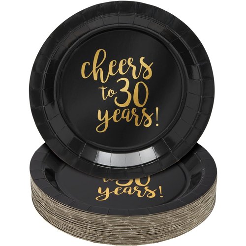 MEYIHO 24-Pack Cheers to 30 Years Plates for 30th Birthday, Anniversary Party Supplies, Black and Gold Foil (9 In)
