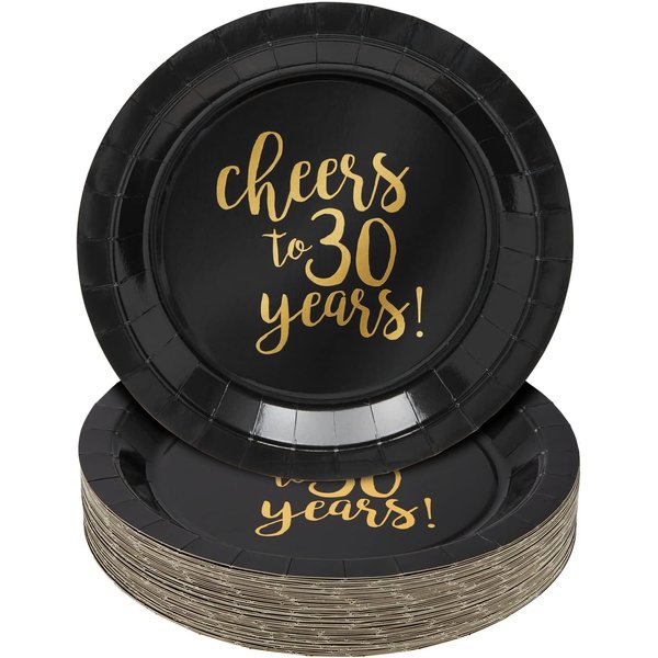 MEYIHO 24-Pack Cheers to 30 Years Plates for 30th Birthday, Anniversary Party Supplies, Black and Gold Foil (9 In)