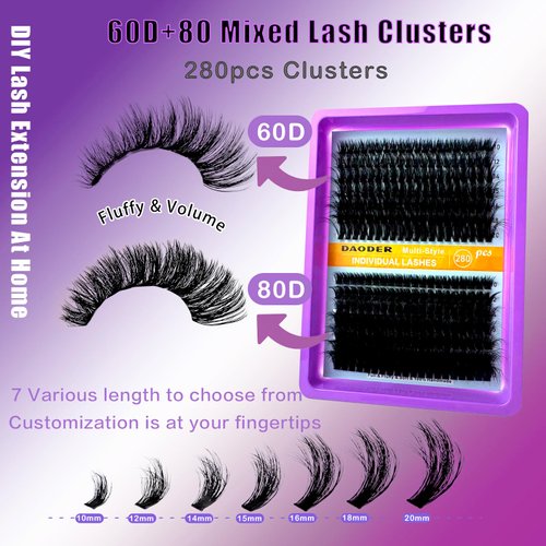 DAODER Lash Extension Fluffy 10-20MM Thick Long Lash Clusters 60D+80D Pestañas Pelo a Pelo Wispy Eyelash Extension Clusters D Curl Individual Lashes Pack 280pcs(60D+80D Thick Lash Clusters 10-20MM)