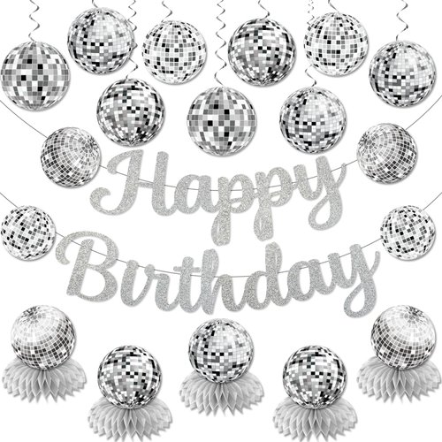 Disco Birthday Party Decorations, Disco Happy Birthday Banner Silver Disco Ball Hanging Swirls, Disco Ball Honeycomb Centerpieces, 70s 80s 90s Disco Themed Party Decorations