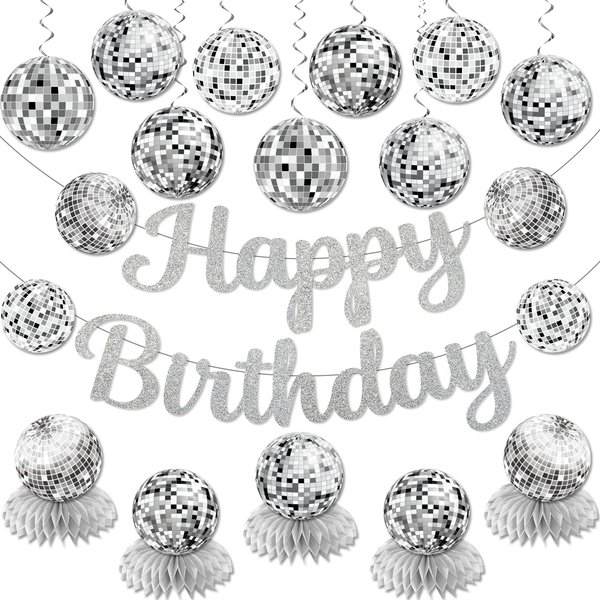 Disco Birthday Party Decorations, Disco Happy Birthday Banner Silver Disco Ball Hanging Swirls, Disco Ball Honeycomb Centerpieces, 70s 80s 90s Disco Themed Party Decorations