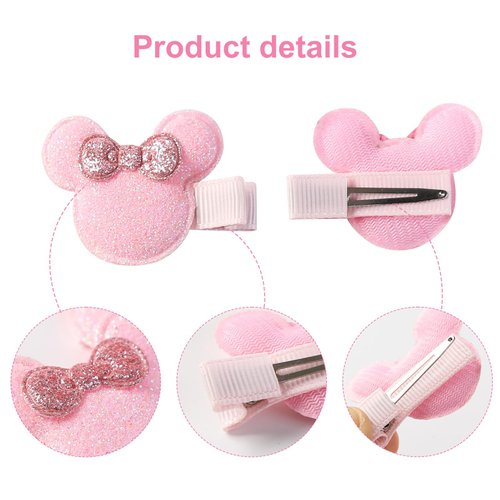2 Pairs Mouse Ears Hair Clips Baby Girls Mini Hair Accessories Glitter Mouse Bow Barrettes Kids Cosplay Birthday Party Decorations 2 Left & 2 Right Clips