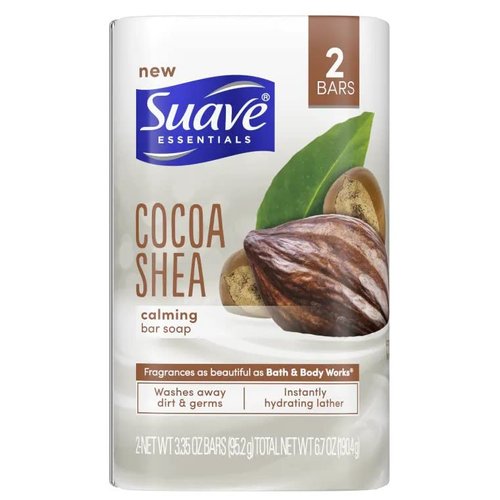 Suave Essentials Cocoa Shea Calming Bar Soap, 2 count bars