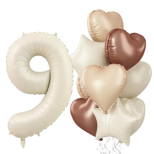 9th Birthday Balloons Set, Nude Brown Sand White Neutral Heart Balloon Decor, Cream Beige Apricot Tan Foil Number 9 Balloon Star Balloon for Kids Birthday Anniversary Party Decoration Supplies