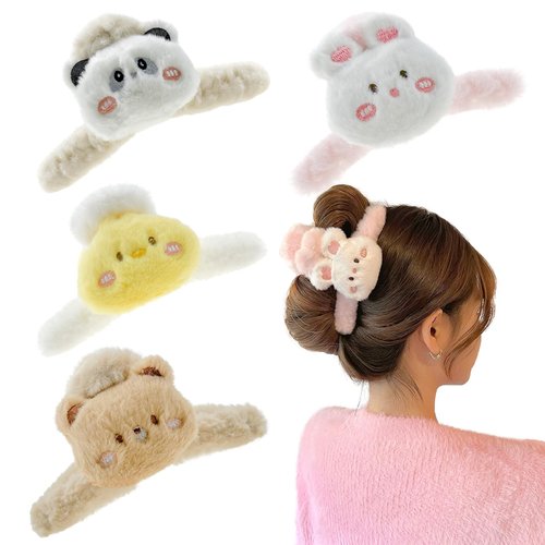 4 Pack Fluffy Plush Animal Hair Clips for Long and Thick Hair Styling - Cute Barrettes, Jaw Clamps, and Accessories for Women and Girls