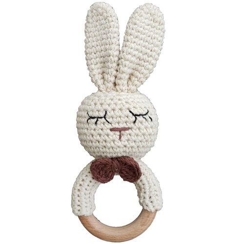 Natural Crochet Teether Toy Rattle for Baby Forest Friends Handmade Amigurumi Crochet Bunny Deer Fox on Natural Wooden Teething Ring Rattle Natural Baby Toys (Organic Bunny)